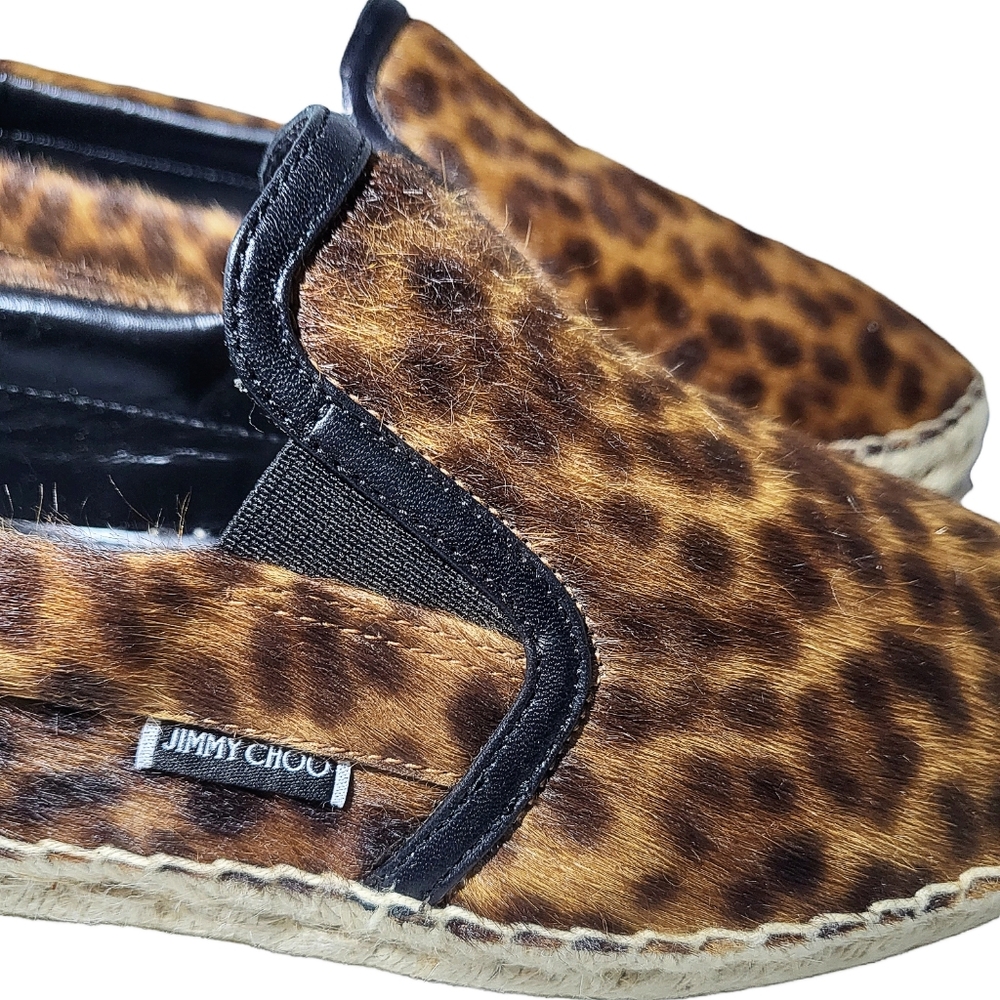 Jimmy Choo Espadrilles Vlad Pony Hair Leopard Print Slip Ons Unisex - Picture 6 of 13